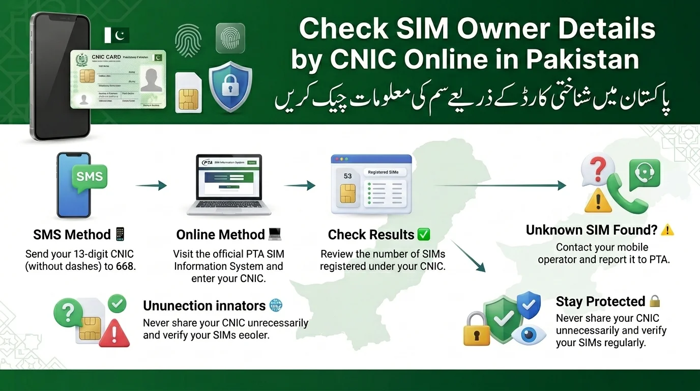 Check SIM Owner Details by CNIC Online in Pakistan infographic