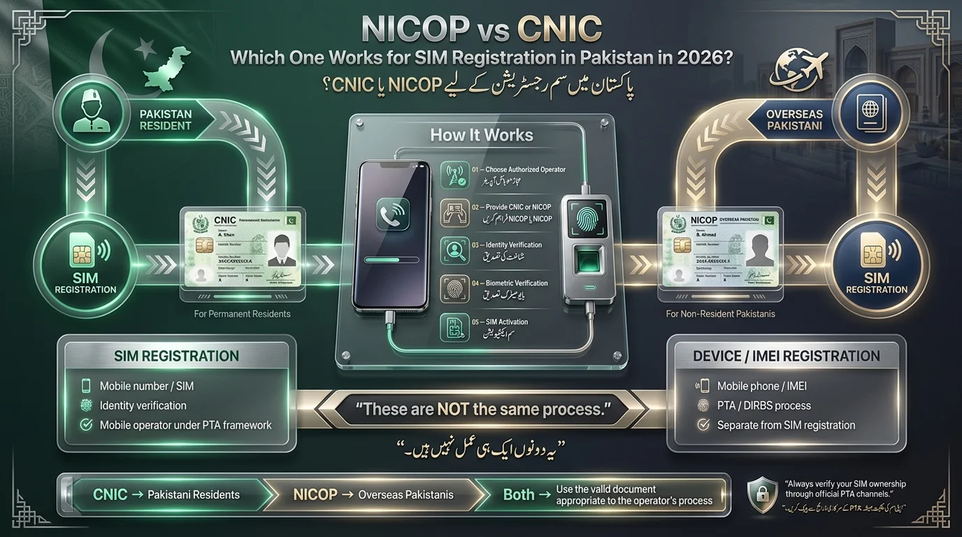 NICOP vs CNIC for SIM Registration in Pakistan 2026 infographic